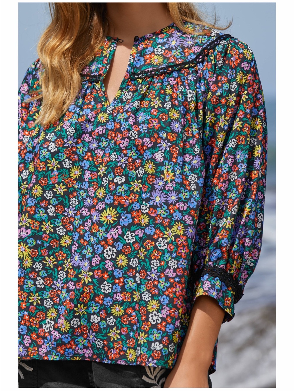 Johnny Was Rosa Poplin Black Floral Peasant Blouse - Picture 9 of 9
